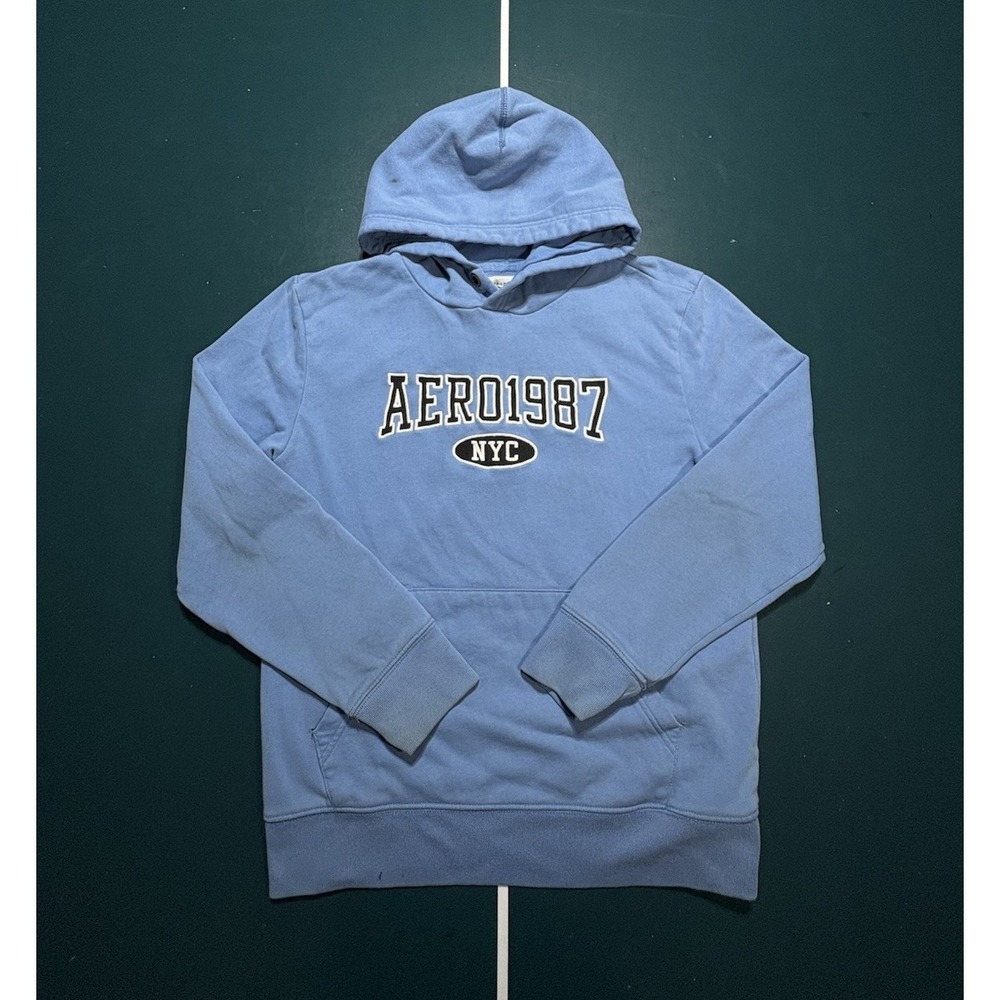 Aeropostale 1987 Pullover Hoodie Sweatshirt Men's Medium Light Blue Embroidered